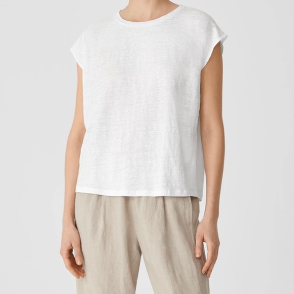 Eileen Fisher organic linen jersey shirred-back box top in  white, size xxs - Picture 1 of 8